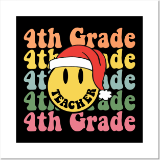 Retro Christmas Teacher 4th Grade Santa Hat Back To School Posters and Art